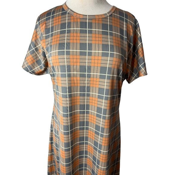 NWT Lula Roe Dress Large Orange Gray White Plaid Maxi Sheath Short Sleeve Round - Picture 7 of 11